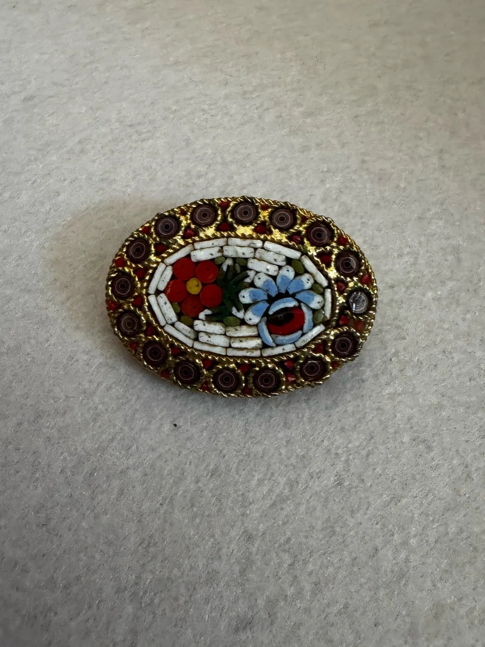 Vintage Artisan Mosaic Floral Inlay Oval Brooch - Red, Blue, White